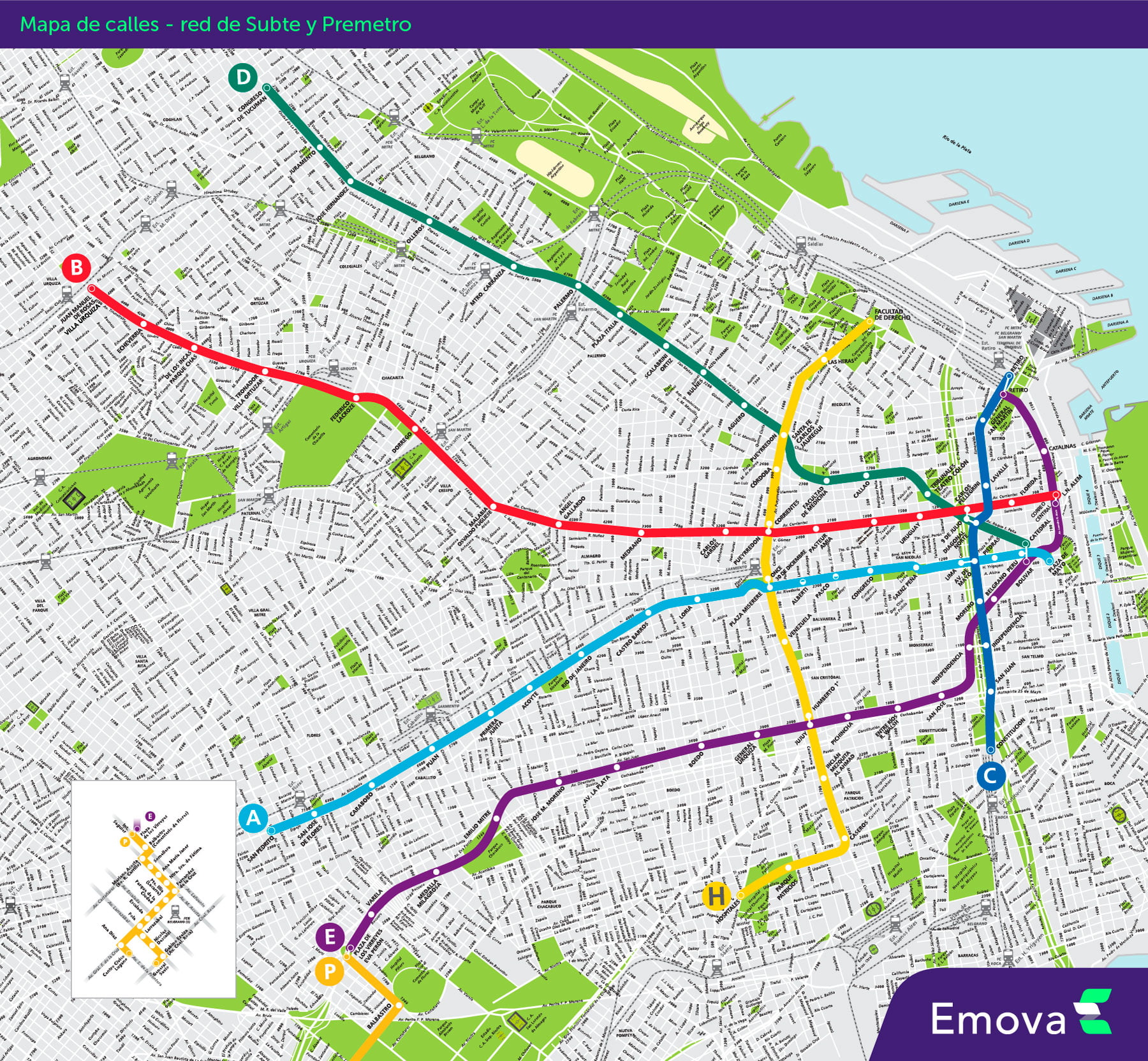 Mapa del subte con el detalle de calles
